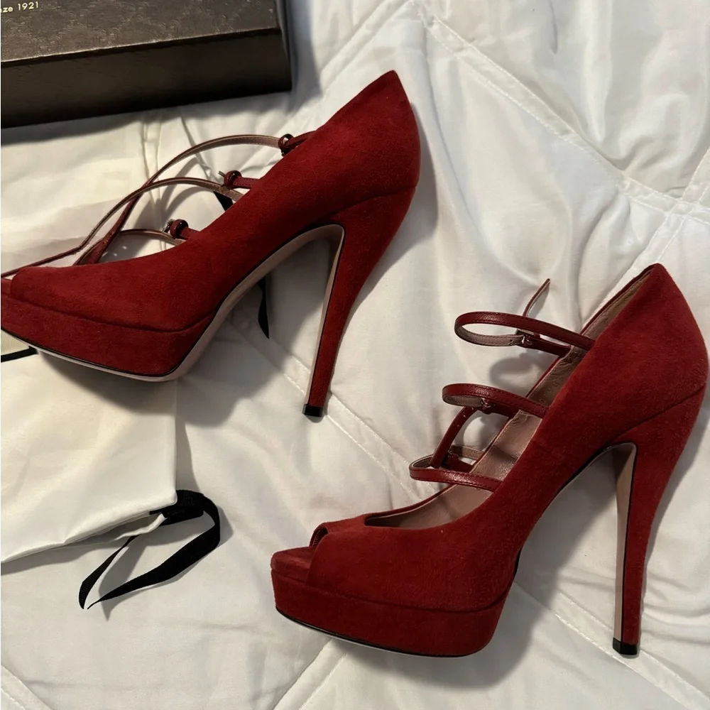 Gently Worn Red Suede Gucci Platform Stilettos - Picture 6 of 6